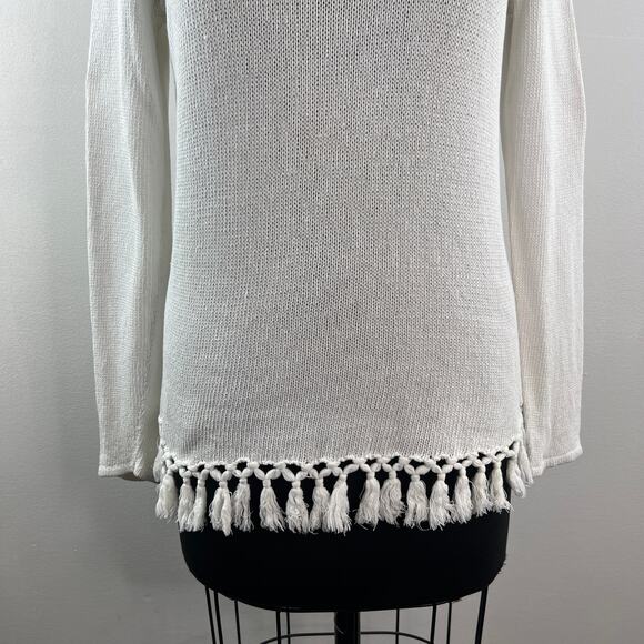 J.Mclaughlin White Sweater Cotton Knitted Crew Neck Thread Fringe Pullover S M? - Picture 3 of 8